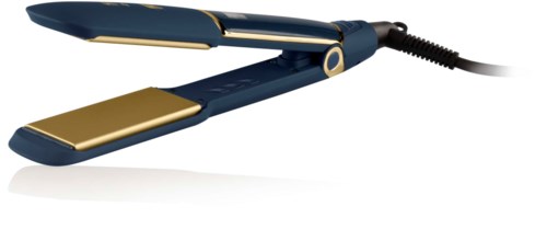 Een stijltang met blauw en goud design, met snoer, gebruikt voor haar stylen.