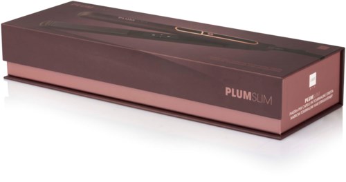 Lange rechthoekige doos met 'PLUM SLIM' label, bruin en roze kleur.
