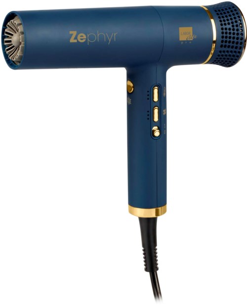 Een blauwe haardroger met gouden accenten en bedieningsknoppen, met een ronde mondstuk en een snoer onderaan.