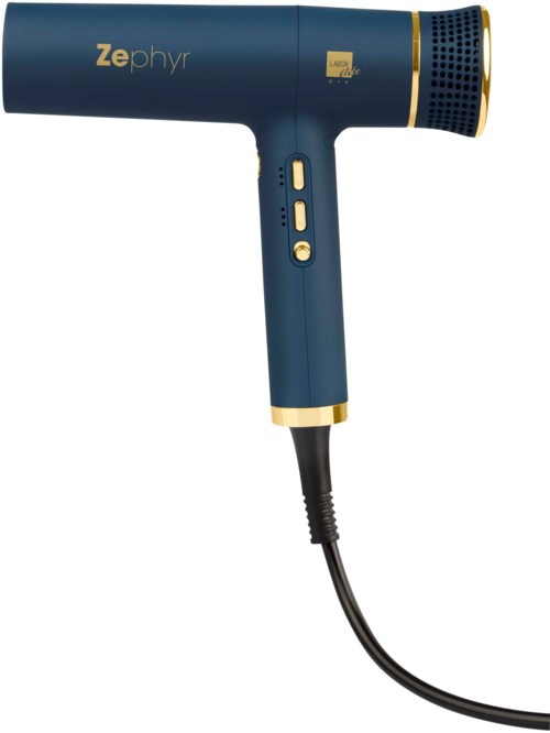Een blauwe föhn met knoppen aan de handgreep en een kabel.