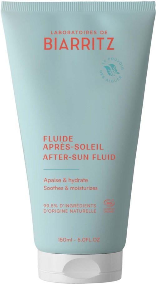 A light blue tube with red text, labeled as after-sun fluid for soothing and hydrating skin, contains 150ml.