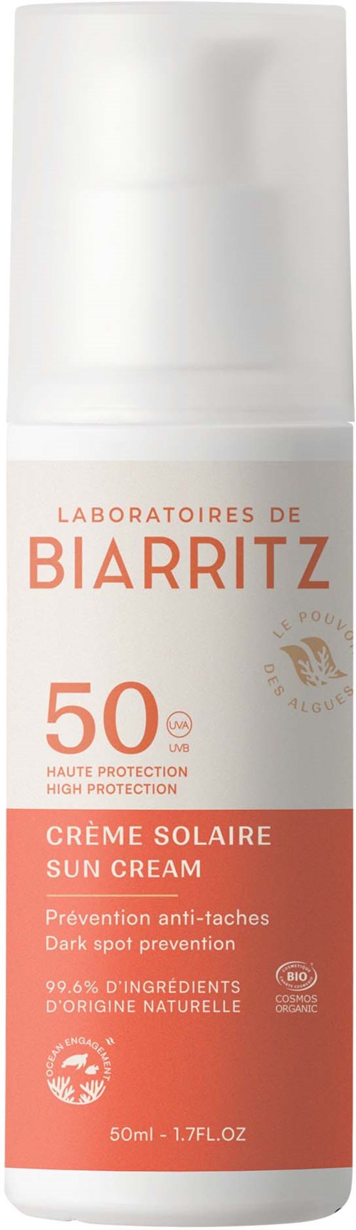 Zonnebrandcrème fles met Biarritz en SPF 50, hoge bescherming, voor donkere vlekken, 50ml.