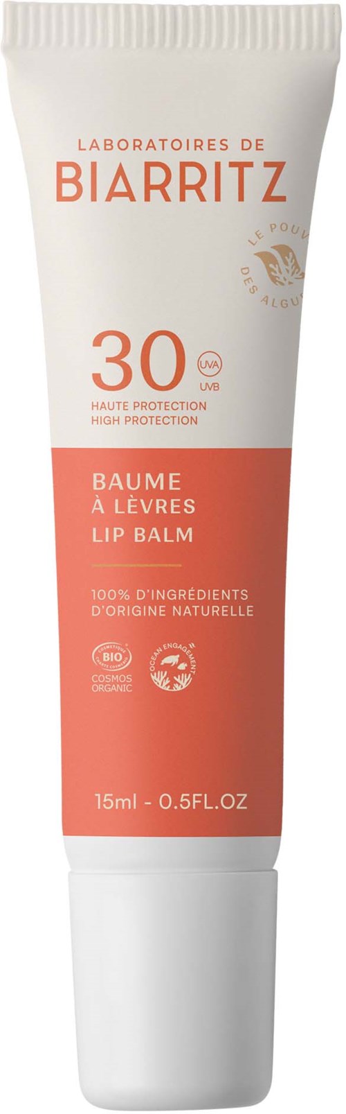 Lippenbalsem uit Biarritz, SPF 30, natuurlijke ingrediënten, 15 ml, met beschermende en verzorgende eigenschappen.