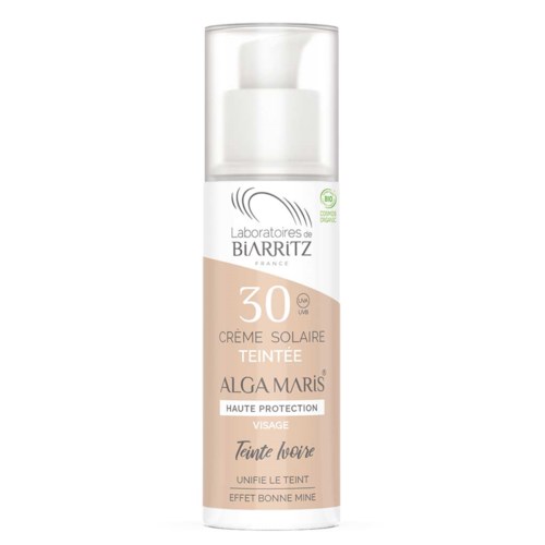 Zonnebrandcrème met SPF 30, beige kleur, voor gezicht, glad flesje, gemerkt 'Alga Maris' en 'Teintée'.