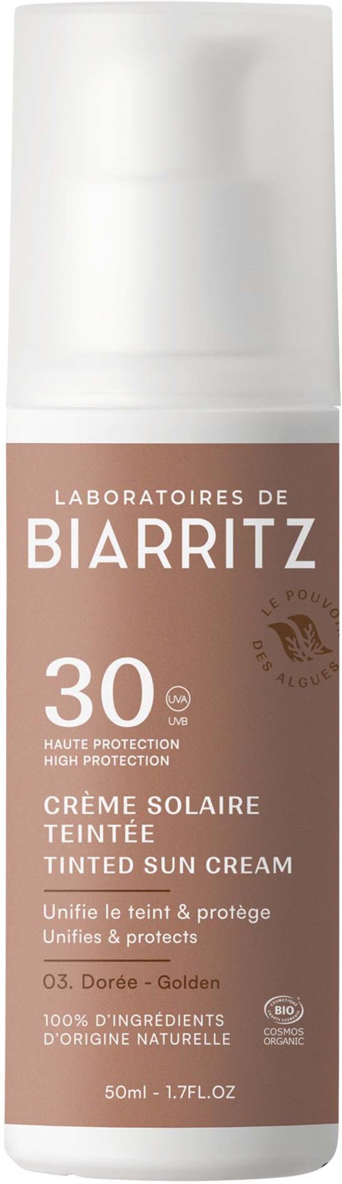 Een flesje zonnebrandcrème labeled 'Biarritz' met SPF 30, voor zonbescherming en huidverzorging.