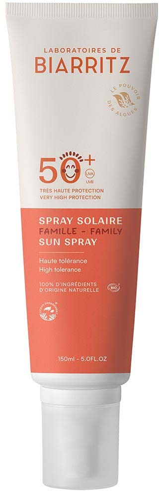 A tube of sun lotion from Biarritz with high protection, high tolerance, 150ml, designed for families.