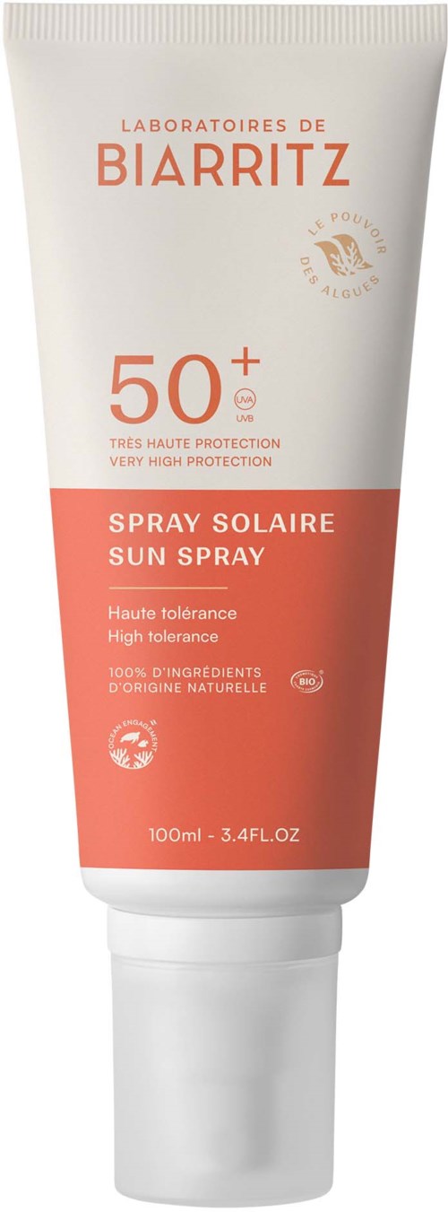 Zonnespray met SPF 50+, hoog beschermingsniveau, natuurlijke ingrediënten en 100ml grootte.
