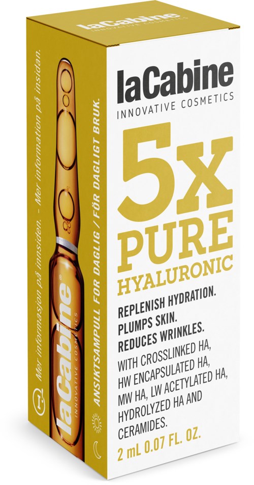 A yellow box labeled 'laCabine' contains text about a skincare product with hyaluronic acid, claiming it boosts hydration and reduces wrinkles.