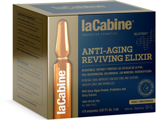 A box of La Cabine anti-aging elixir with snow algae powder, probiotics, and daisy extract for skin renewal.