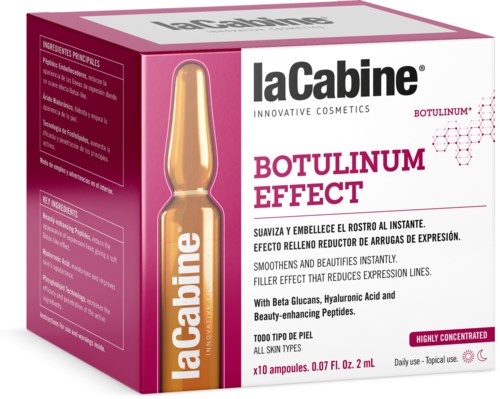 Pink box with a gold ampoule graphic, brand name laCabine, and text about Botox effect, ingredients, and skin benefits.