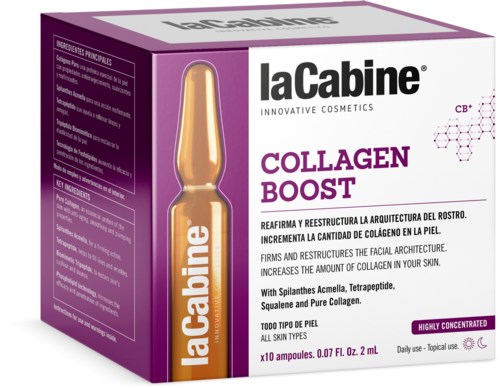 A box labeled 'laCabine Collagen Boost' features a gold ampoule illustration; it promotes skin firming and collagen increase.