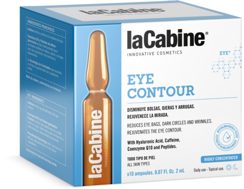 Box of eye cream with hyaluronic acid, caffeine, and other ingredients, designed to reduce dark circles and wrinkles.