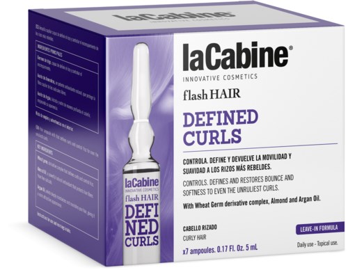 Verpackung für LaCabine flash Haarprodukt, lila und weiß, mit Bildern von Ampullen und Text zur Lockendefinition.