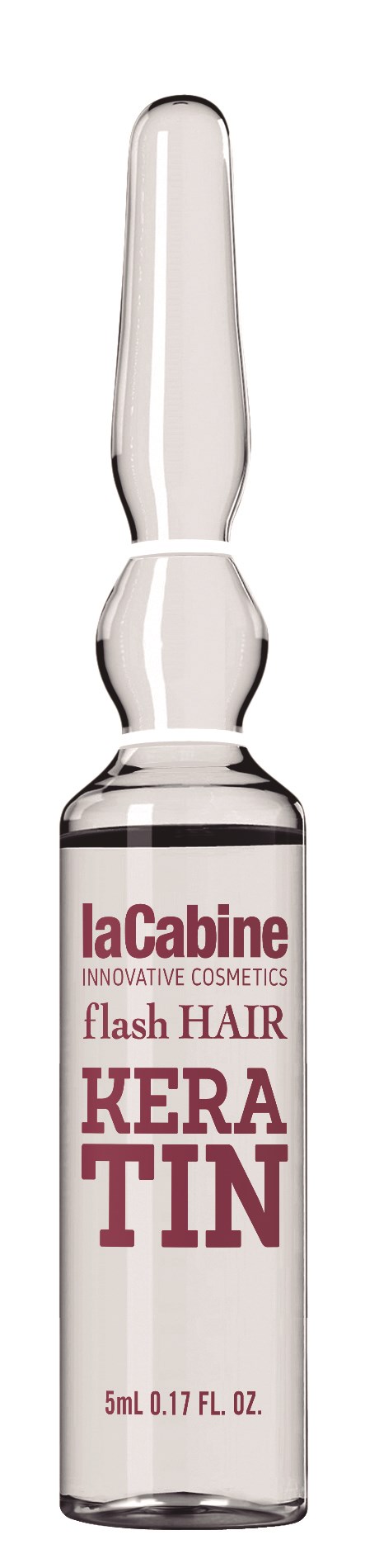 A small glass vial with a dropper, labeled 'laCabine,' contains clear liquid and is used for hair treatment.