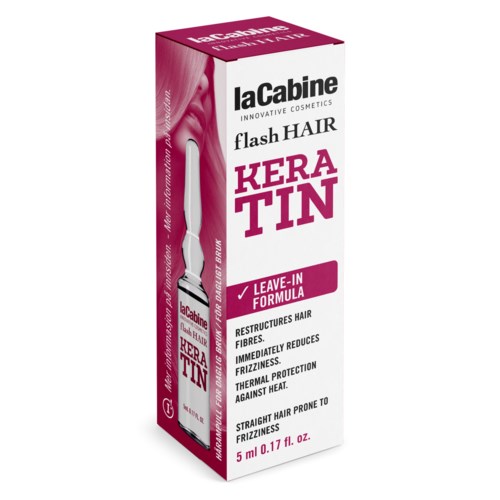 A box of La Cabine KeraTIN leave-in hair treatment for frizzy hair, 5 ml size, with pink and white design.