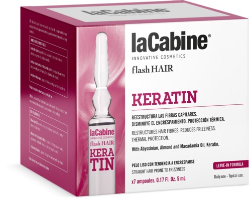 Box of keratin hair treatment with a small ampoule inside, labeled in Spanish. Pink and white colors dominate.