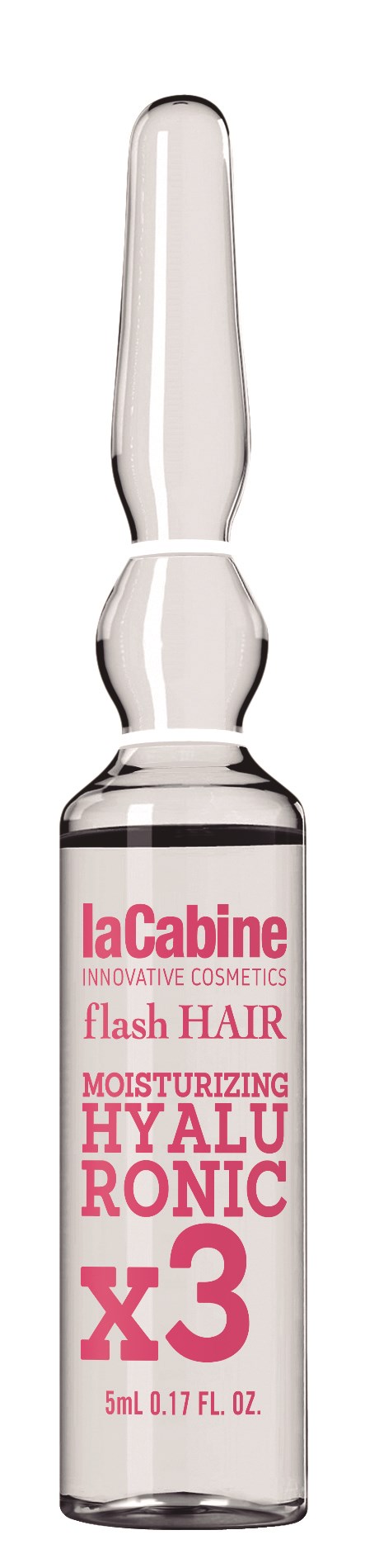 A small glass vial labeled 'laCabine,' designed for skin treatment, with pink text indicating it is a moisturizing hyaluronic ampoule.