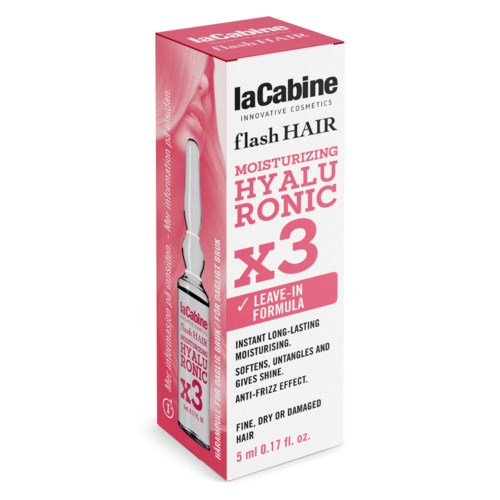 A pink and white box of LaCabine hair product for moisturizing and styling hair, with text describing benefits and usage.