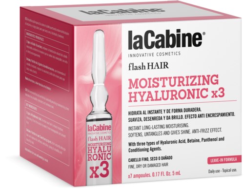A box of laCabine flash HAIR moisturizing hyaluronic x3 with ampoules, pink and white packaging, and product information.