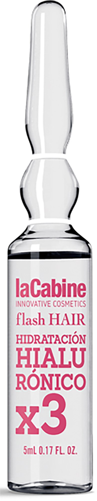 A small glass ampoule with a white label showing pink and red text for hair hydration and treatment.