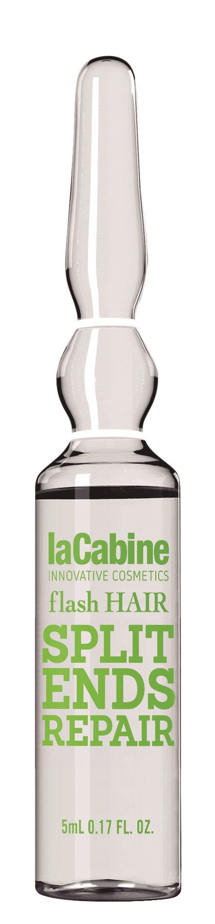 A small glass ampoule with a white cap and green text. It is a hair repair serum.