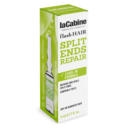 Box for La Cabine flash hair split ends repair with green and white colors, mentioning leave-in formula and hair repair benefits.