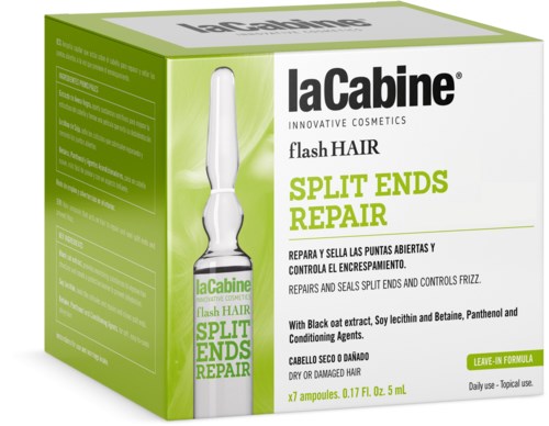 A box of laCabine flash hair treatment, designed to repair split ends and control frizz. It contains seven ampoules.