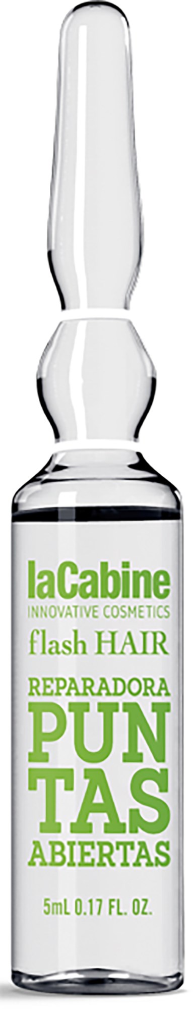 A small glass vial with green and white label, containing a hair repair serum.