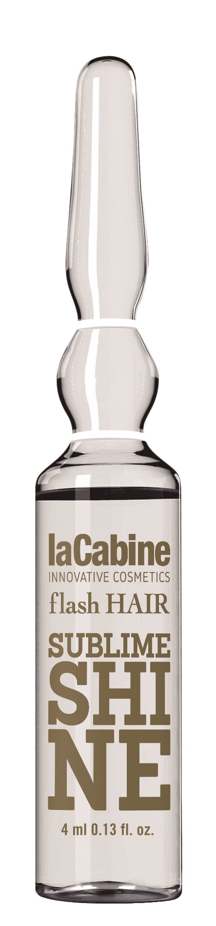 A small glass vial labeled 'laCabine' contains a product called 'Sublime Shine' for hair.