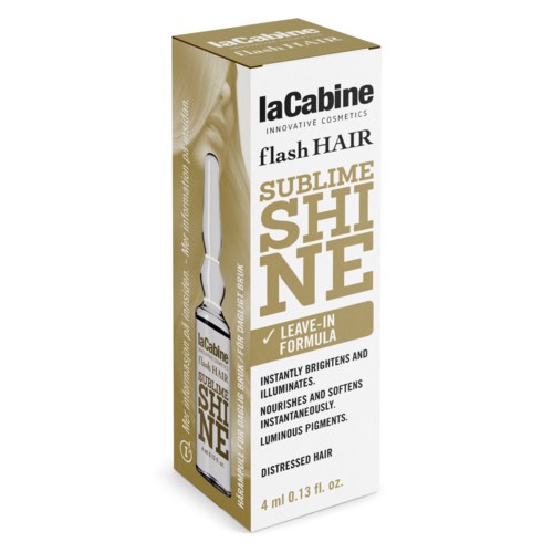 A box of La Cabine flash hair dye, highlighting a leave-in formula that brightens, nourishes, and softens hair instantly.