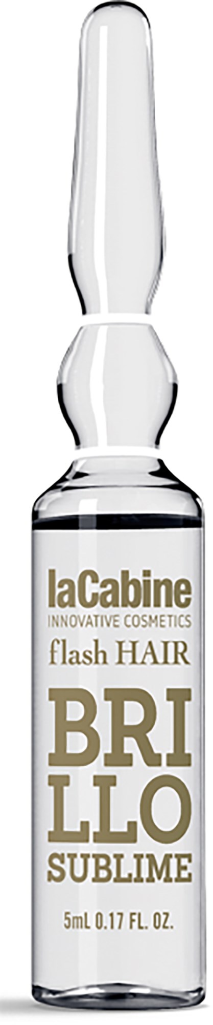 Small glass ampoule with gold and white text, containing beauty serum for hair treatment.