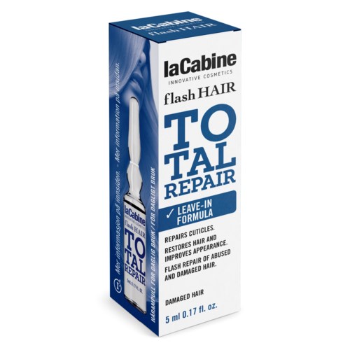 A box of La Cabine Flash Hair Total Repair, a leave-in formula for damaged hair, repair, and volume boost.