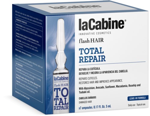 Box of laCabine Total Repair hair treatment with ampoules, key ingredients listed, for damaged hair.