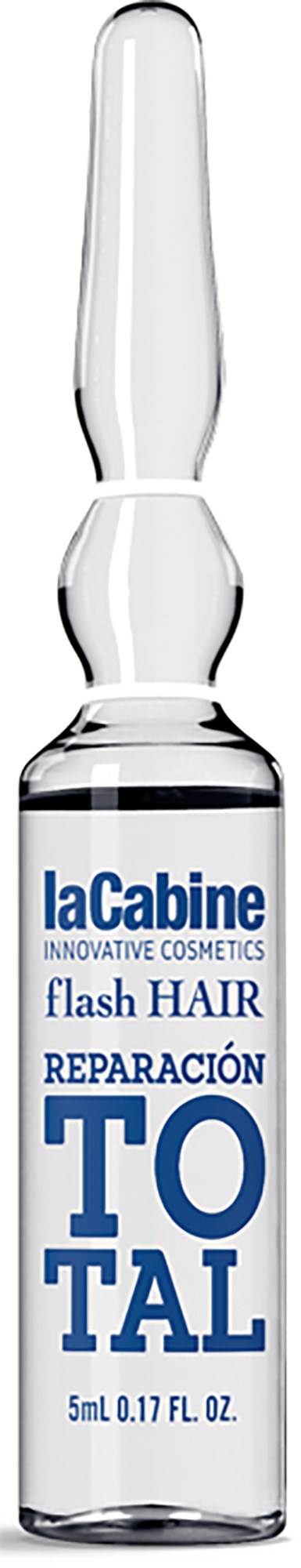 A small clear glass bottle with a dropper top labeled 'laCabine' and 'flash HAIR REPAIRATION TOTAL'.