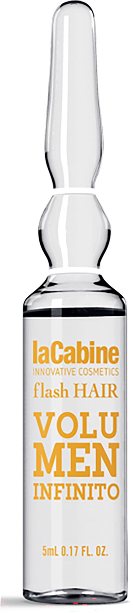 A glass ampoule with orange text advertising LaCabine's flash hair serum, volume, and infinito effects.