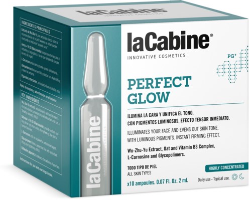 A box of La Cabine Perfect Glow face serum with a small glass ampoule illustration on the front.