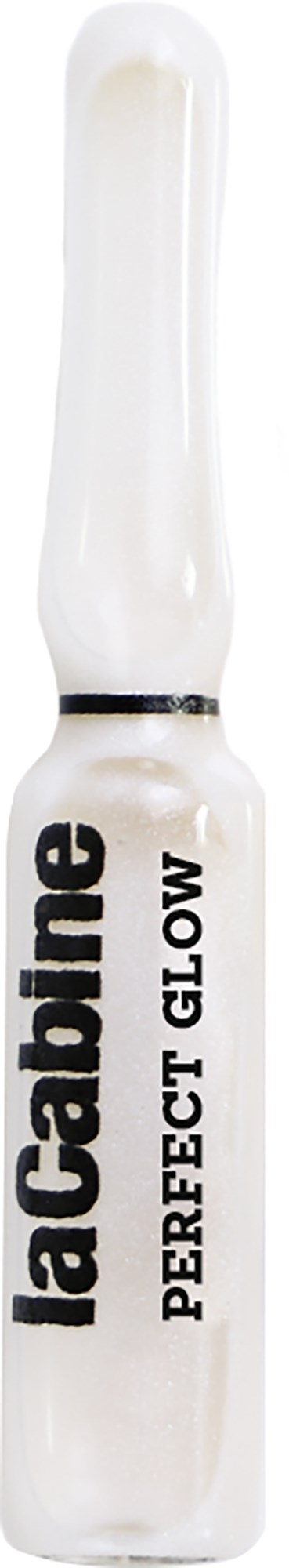 A small, white vial labeled 'laCabine Perfect Glow' stands upright, with a black line near the cap. It looks like a beauty product.