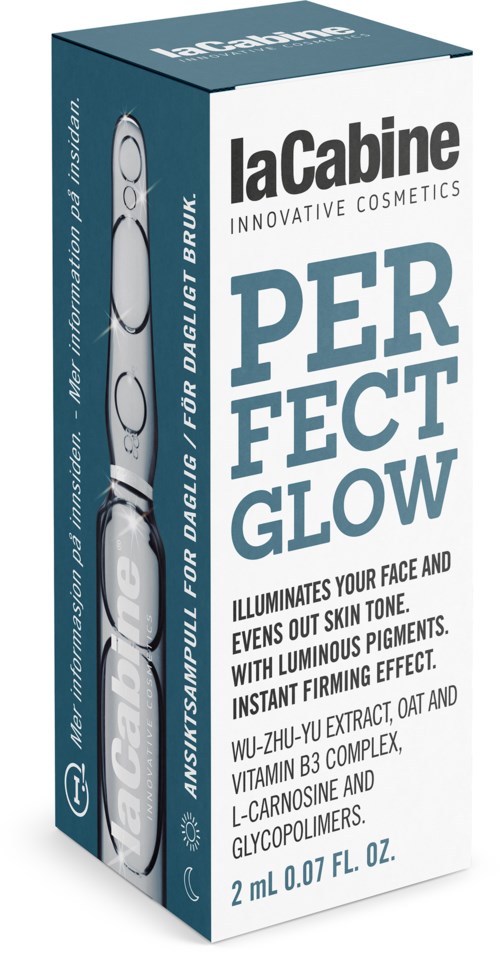 A box for LaCabine Perfect Glow face serum with text about ingredients and benefits, and a small illustration of a serum bottle.