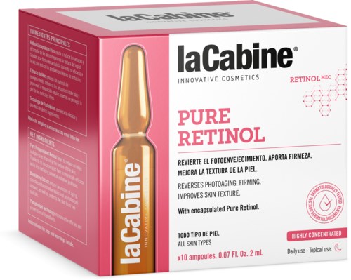 A pink box with an ampoule illustration, labeled LaCabine Pure Retinol, highlighting skincare benefits and ingredients.