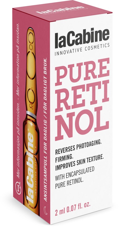 A white and pink box labeled 'LaCabine', claims to improve skin texture and reverse photoaging with pure retinol.