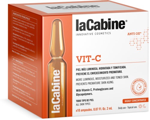 Orange packaging with a small ampoule illustration, mentions Vitamin C, anti-aging, and skincare benefits.