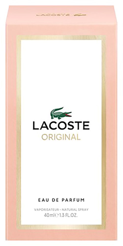 Roze doos met Lacoste-logo en tekst, parfum, 40 ml, elegant ontwerp.