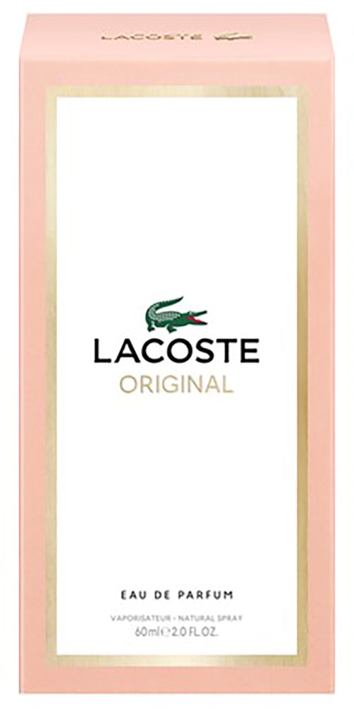 Roze doos met Lacoste-logo, text over parfum, 60ml.