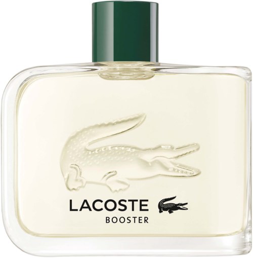 Een Lacoste Booster parfumfles met krokodillilogo en witte vloeistof binnen.