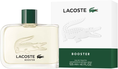 Lacoste Booster parfumfles met groene dop en witte doos, allemaal met krokodillenlogo.
