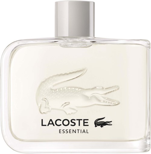 Een heldere parfumfles met een zilveren dop, met krokodillalog en de tekst 'LACOSTE ESSENTIAL'.