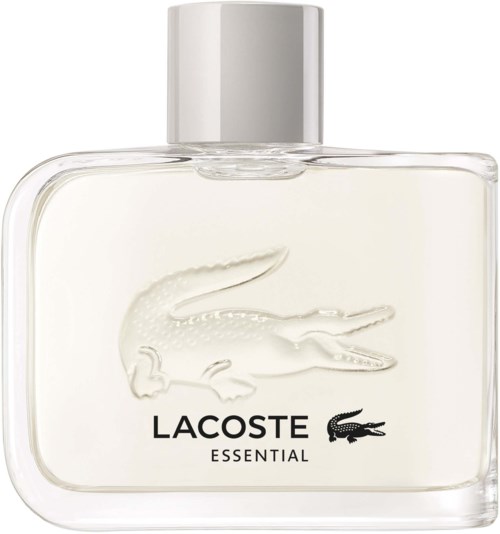 Een doorzichtige parfumfles met zilveren dop, met een krokodil en Lacoste-logo op de voorkant.