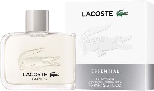 Een Lacoste Essential parfumfles en doos met krokodillelogo, wit en zwart, 75 ml, eenvoudig ontwerp.