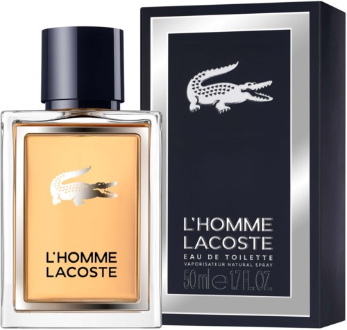 Een fles Lacoste herengeur naast de zwarte doos met het krokodillensymbool en productinformatie.