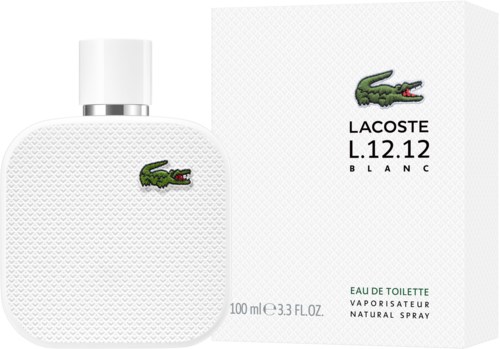 Lacoste L.12.12 Blanc parfymflaska och förpackning med krokodil-logga. Vit design, 100 ml parfym, sprayförpackning.